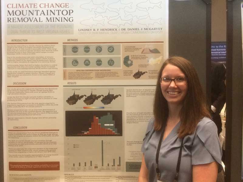 v.c.u. student standing in front of a research poster at a conference titled 'climate change: mountaintop removal mining'